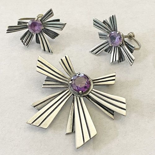 Miguel Melendez Sterling and Amethyst Brooch and Earrings Taxco Mexico