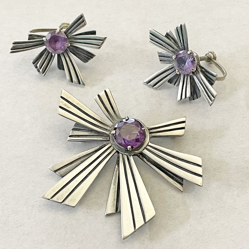 Miguel Melendez Sterling and Amethyst Brooch and Earrings Taxco Mexico