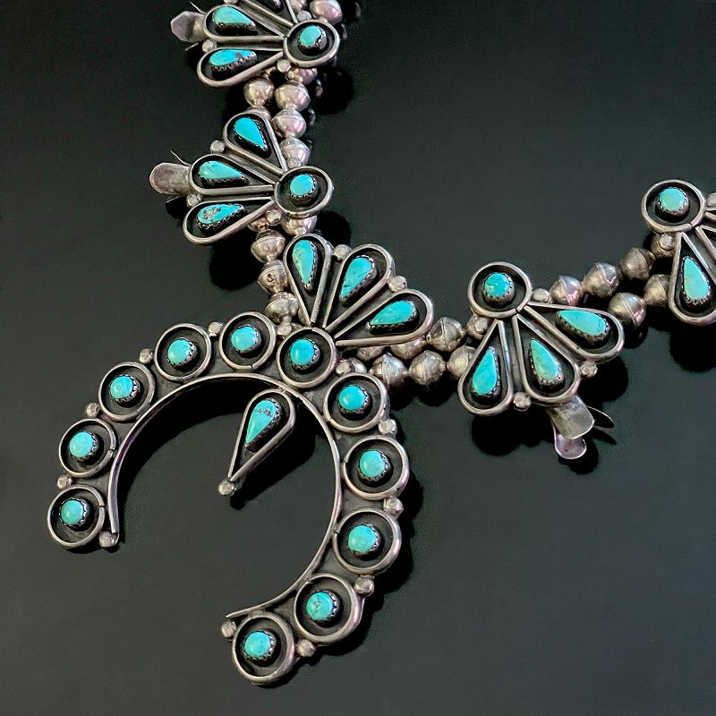 Vintage Native American Sterling and Turquoise Squash Blossom Necklace