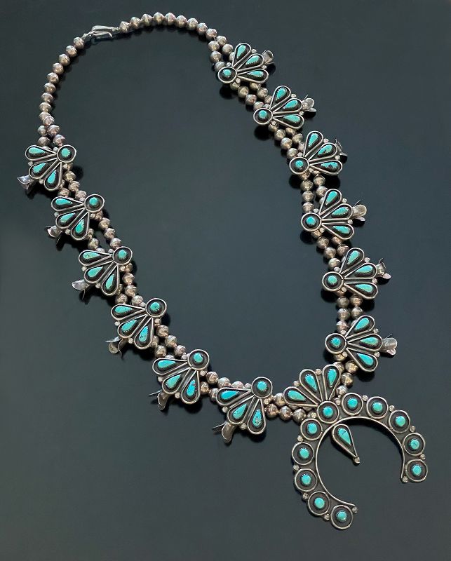 Vintage Native American Sterling and Turquoise Squash Blossom Necklace