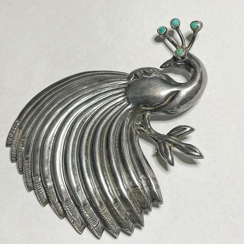 Large Vintage Sterling and Turquoise Peacock Brooch - Mexico - 1940s