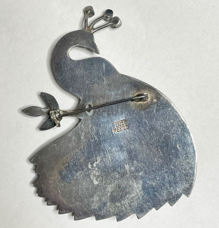 Large Vintage Sterling and Turquoise Peacock Brooch - Mexico - 1940s