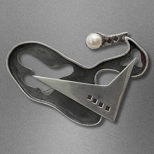 Harry Osaki Modernist Sterling and Pearl Brooch California