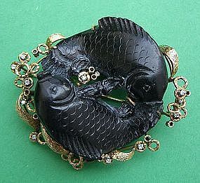 Koi Fish Brooch - Carved Black Jade 14k  & Diamonds