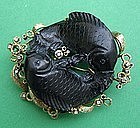 Koi Fish Brooch - Carved Black Jade 14k  & Diamonds