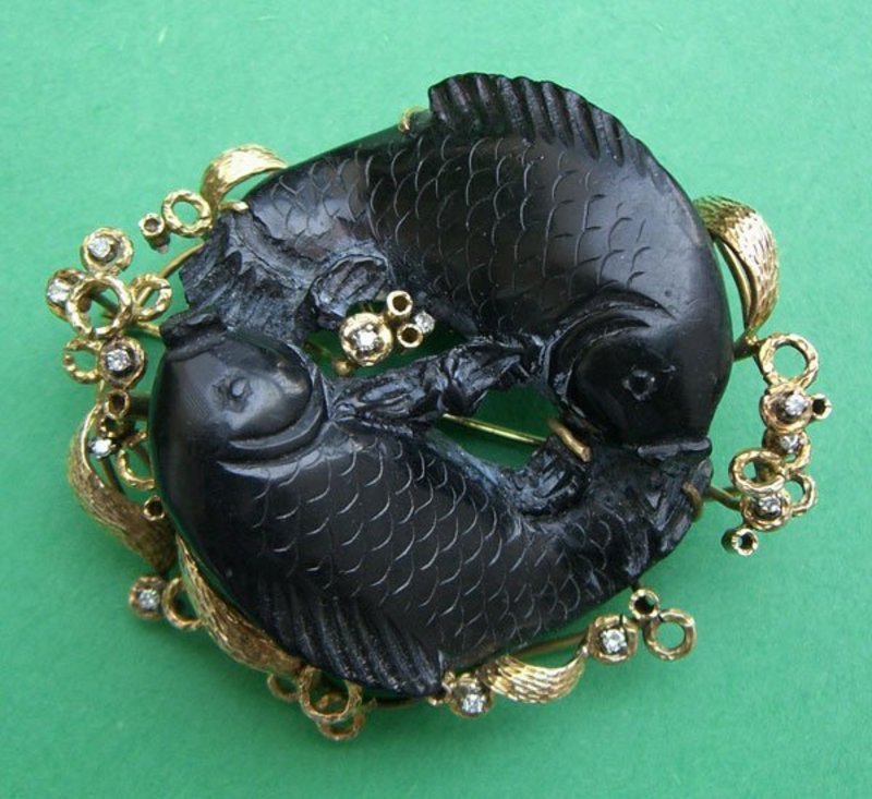 Koi Fish Brooch - Carved Black Jade 14k  &amp; Diamonds
