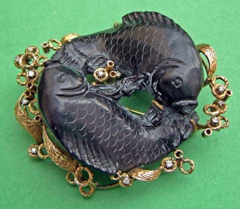 Koi Fish Brooch - Carved Black Jade 14k  &amp; Diamonds