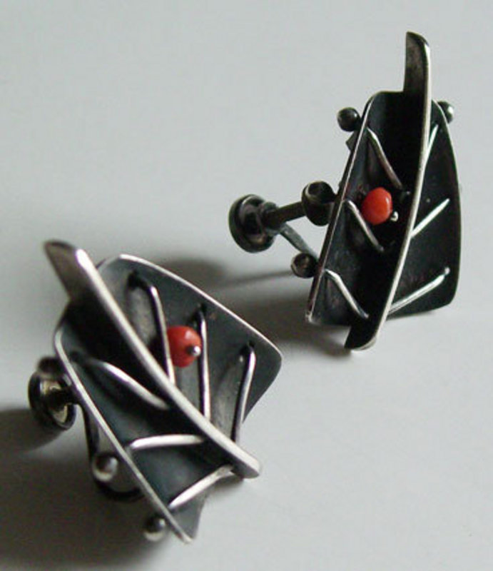 Ed Wiener Modernist Sterling Jewelry Earrings w/Coral
