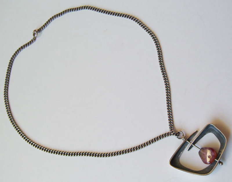 Ed Wiener Modernist Sterling w/Stone Pendant Necklace