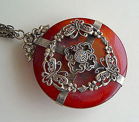 Vintage Chinese Carnelian and Silver Pendant