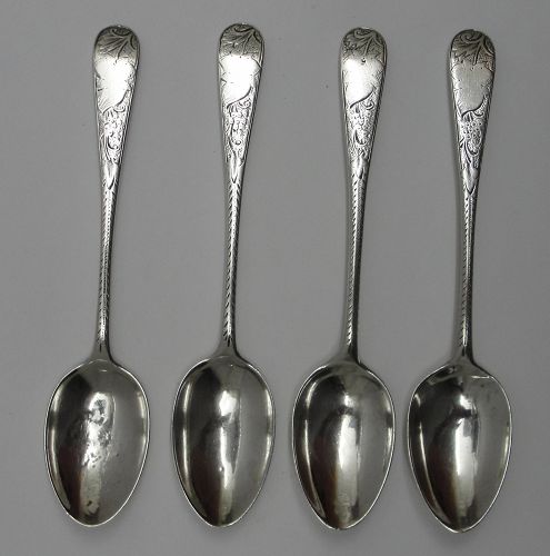 Nice Set of 4 Decorated Scottish Sterling Silver Spoons, Glasgow 1891