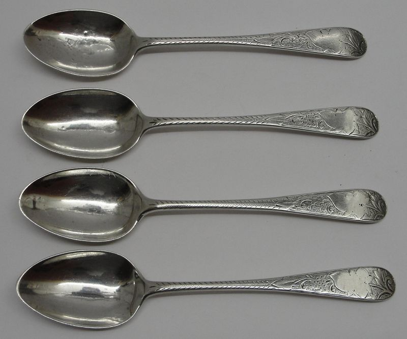 Nice Set of 4 Decorated Scottish Sterling Silver Spoons, Glasgow 1891