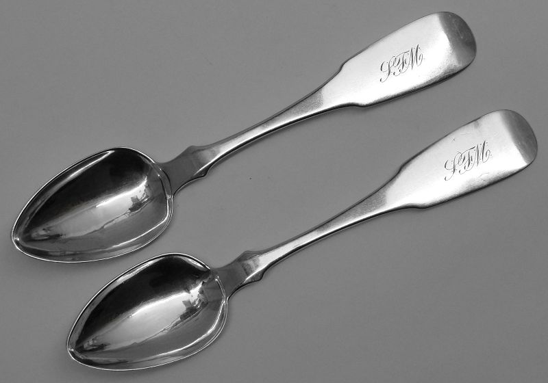 Fine Pair of Philadelphia Coin Silver Spoons by Titlow &amp; Fry c.1844-48