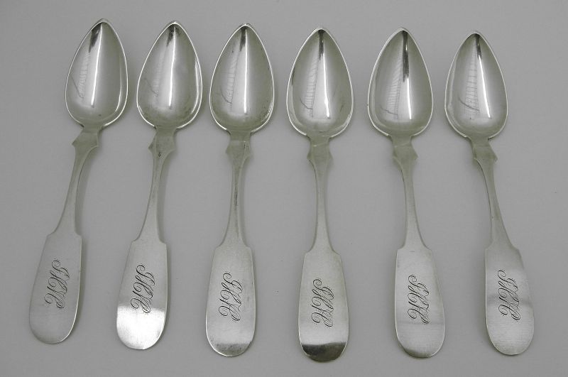 Set of Six Trenton, NJ Coin Silver Spoons by Samuel Roberts, c1832-44