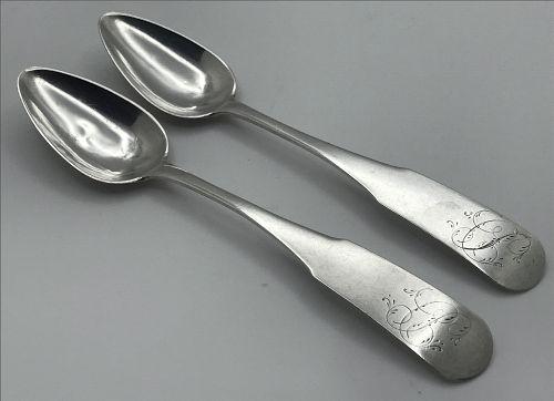 Good Pair of Ca. 1820 Teaspoons by Jacob Sargeant of Hartford, CT