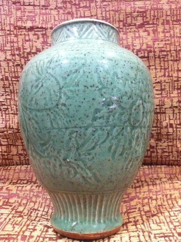 Yuan celadon glazed and incised stoneware meiping jar