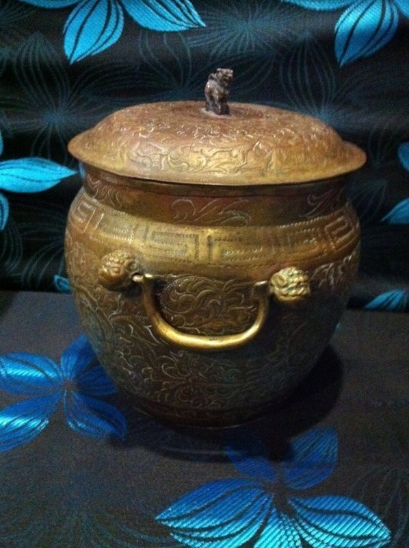 Chinese brass work vessel container with cover