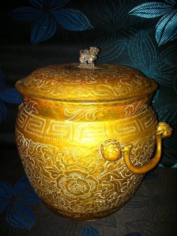 Chinese brass work vessel container with cover