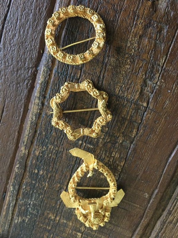 Antique Peranakan Straits Chinese gilt gold kerosang brooches