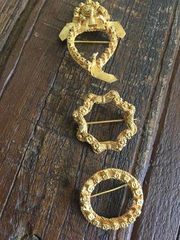 Antique Peranakan Straits Chinese gilt gold kerosang brooches