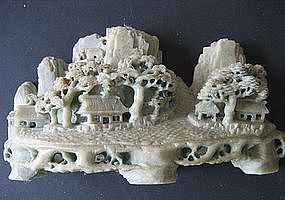 Chinese Green Soap Stone Landscape Carving