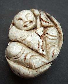 White Jade Stone Carving of Boy, Fish and Bat