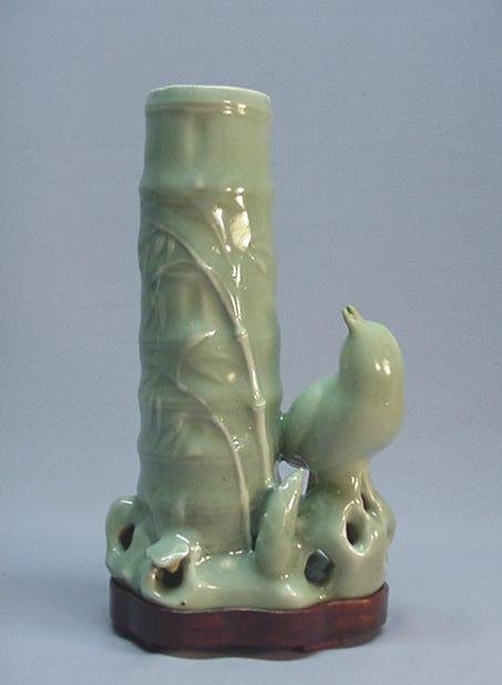 CHINESE CELADON BIRD AND BAMBOO VASE