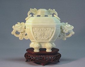 CHINESE CELADON JADE CARVING OF A DING VESSEL