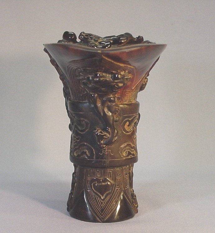 CHINESE HORN CARVING OF A ZUN (WINE VESSEL)