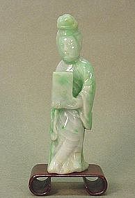 CHINESE CARVED JADEITE LADY HOLDING A BOX
