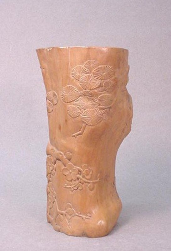 19TH C. CHINESE CARVED BOXWOOD ROOT BRUSH HOLDER