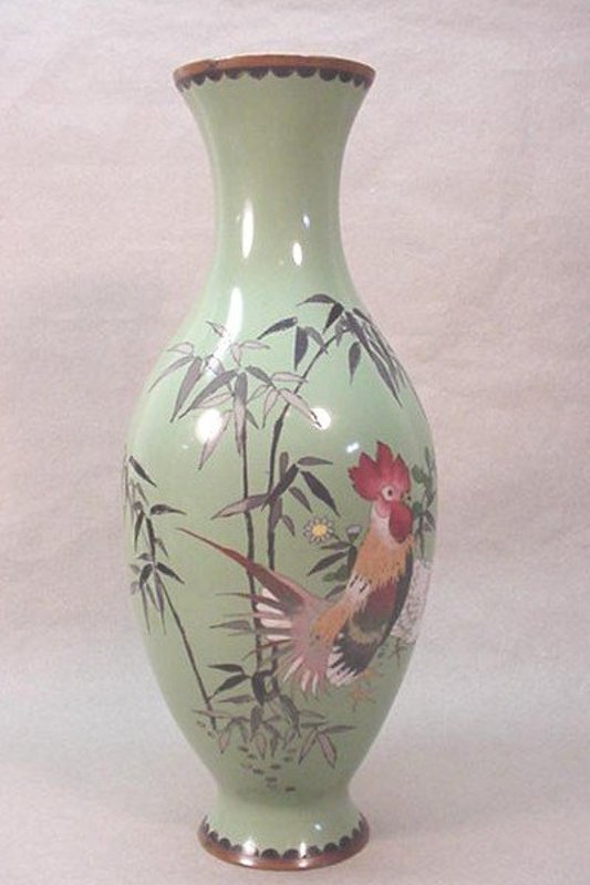 JAPANESE CLOISONNE VASE WITH ROOSTER AND HEN