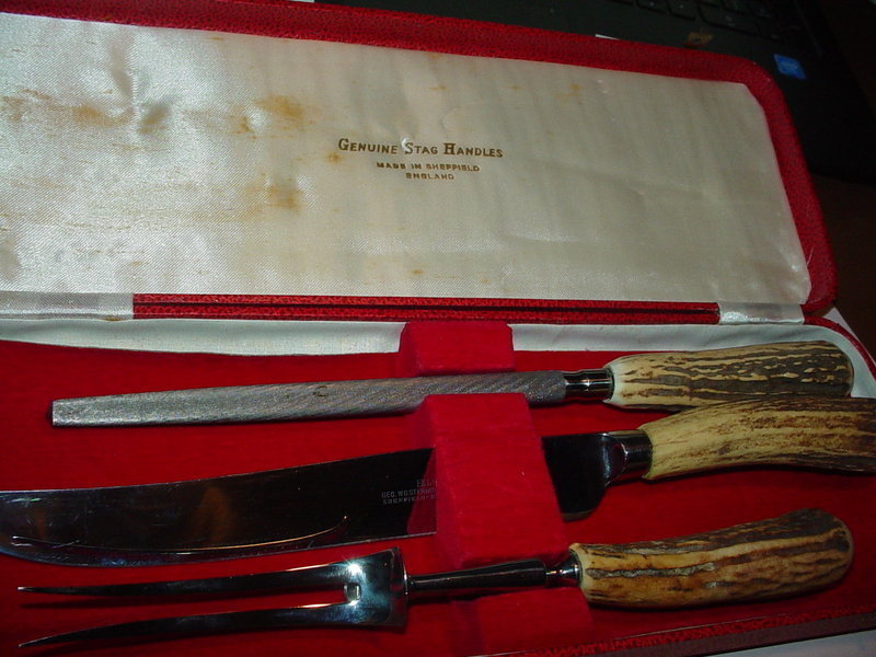 3 Piece Stag Carving Set Wostenholm & Sons Sheffield w/Shagreen Case
