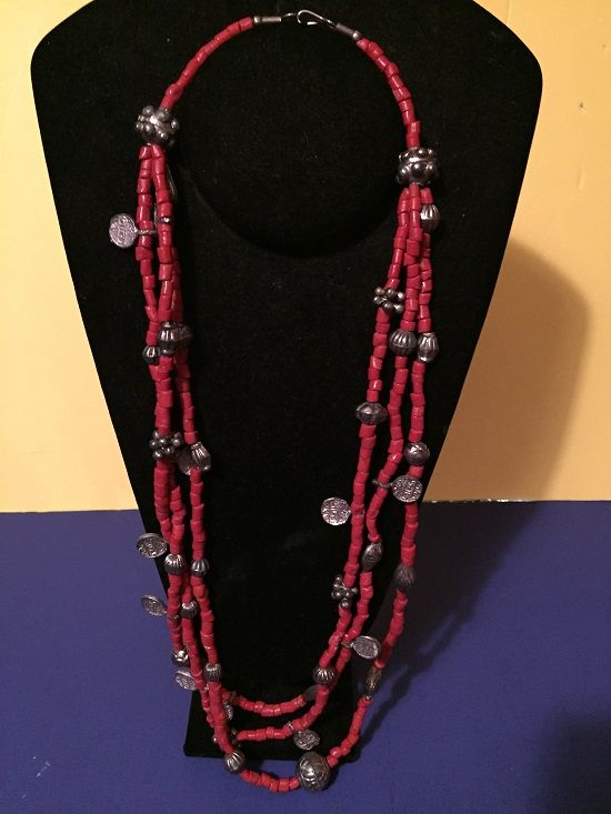 BOHO 3-Strand Faux Coral +  Silver Necklace