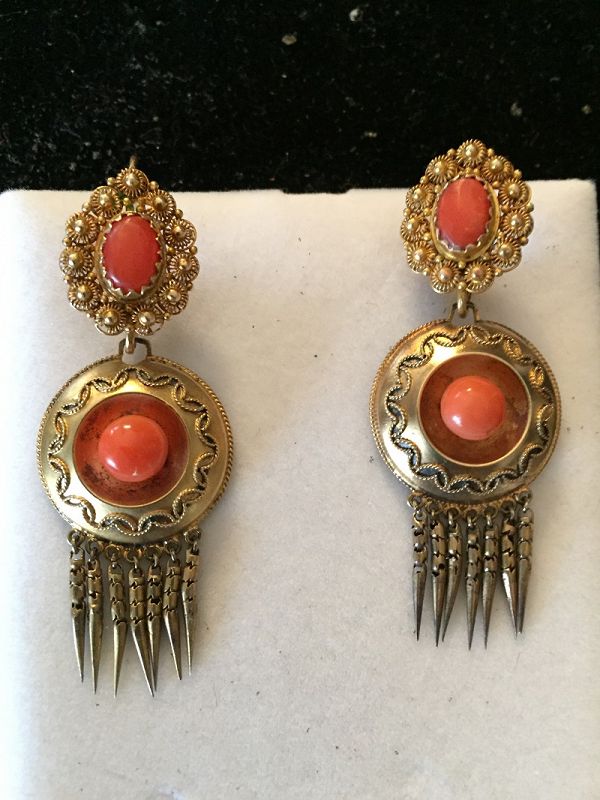 15K Etruscan Revival Day Night Coral Earrings