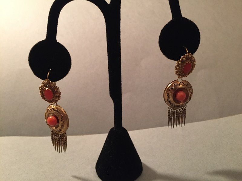 15K Etruscan Revival Day Night Coral Earrings