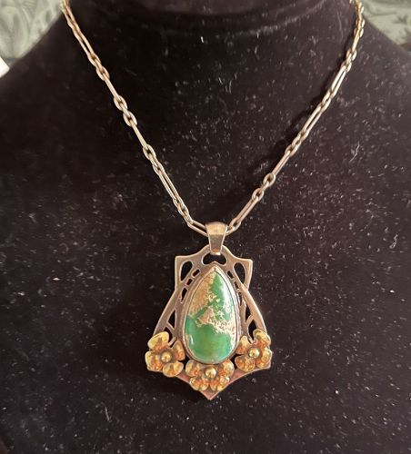 Arts + Crafts Silver and Gold Turquoise Pendant