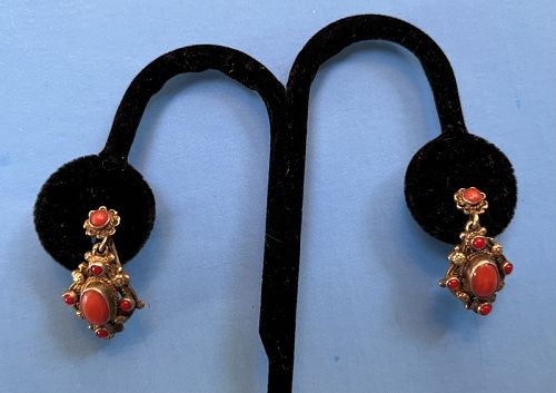Hungarian Vermeil Silver Coral Dangle Earrings