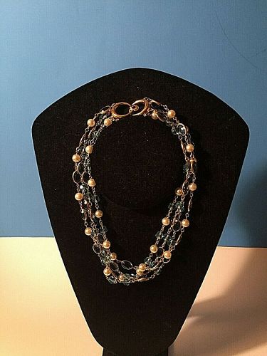 Vintage SAL Blue Crystal + Pearl 3-Strand Necklace
