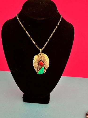 Navajo Sterling Turquoise + Coral Pendant ~ Pauline McCray