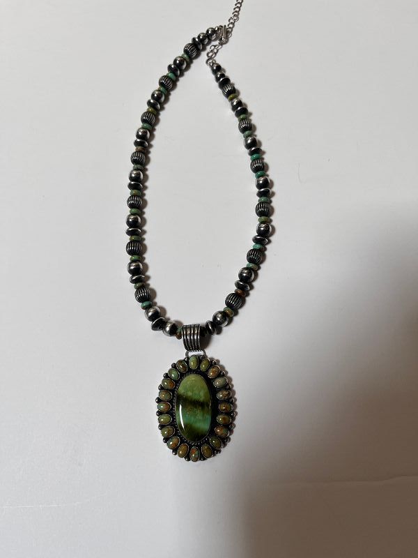 Navajo Sterling Turquoise Pendant + Chain ~La Rose Ganadonegro