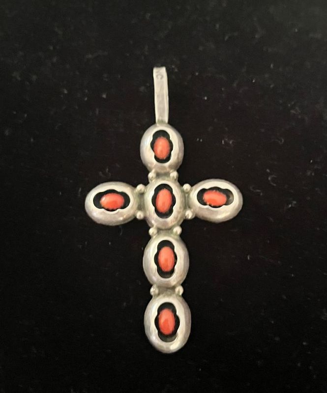 Navajo Sterling Coral Shadowbox  Cross~ Nancy Custer