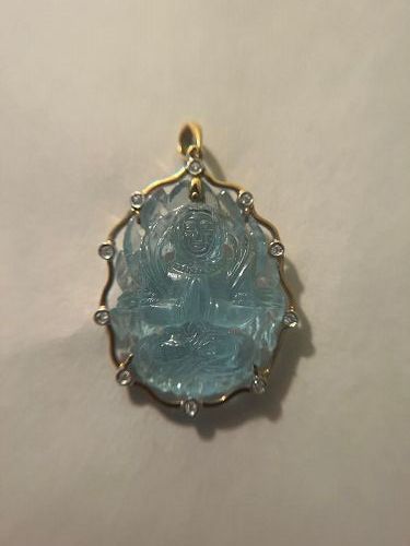 14k Carved Aquamarine Diamond Buddha Pendant