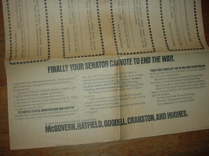 McGovern~Hatfield~Goodell... '70's End The War  Ad