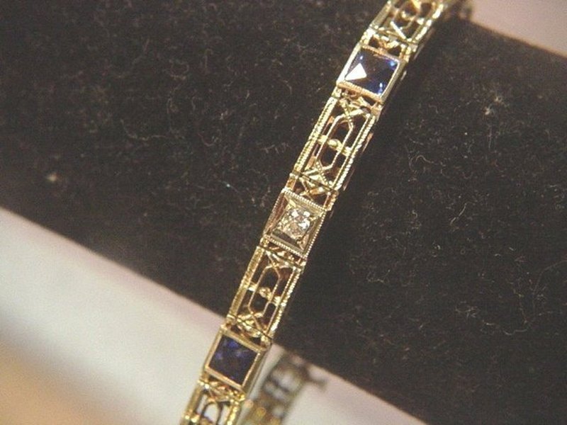 14k YG Art Deco Diamond &amp; Sapphire Bracelet ~11.4Gr