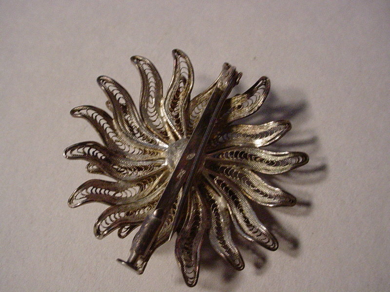 European Silver Filigree Coral Brooch