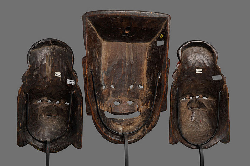 Antique Chinese Nuo Masks of Tudi Gong and 2 Wives