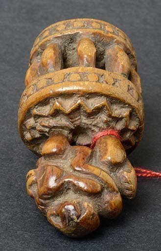 Antique Chinese Wood Toggle of Monkey Riding a Lion