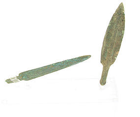 A BRONZE SOCKETED SPEAR HEAD AND DAGGER SET FROM THE TIME OF MOSES
