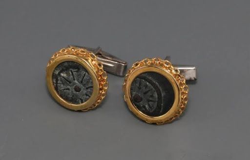 TWO BRONZE WIDOW'S MITE COINS SET IN SILVER CUFFLINKS